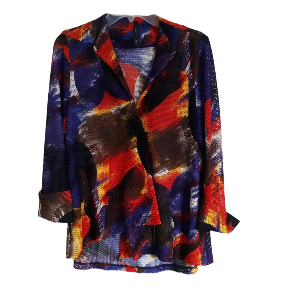 IC by Connie K Womens Medium Multicolor Abstract Asymmetrical Netted Jacket